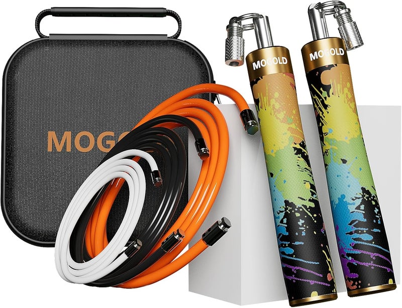 MOGOLD Weighted Jump Rope for Men Women -Interchangeable 1/5lb 1/4lb 1/2lb Heavy jump ropes - 360 Degree Spin - Length Adjustable,Ergonomics Leather Grip Skipping Rope for Fitness Weight Loss & More - Image 1